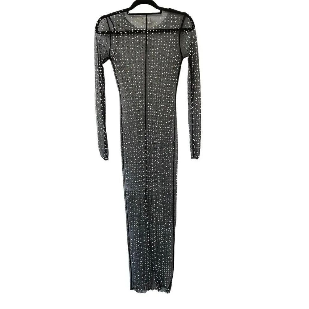 Beach Bunny Champagne Nights Pearl Mesh Maxi Dress Black Women's Size Small